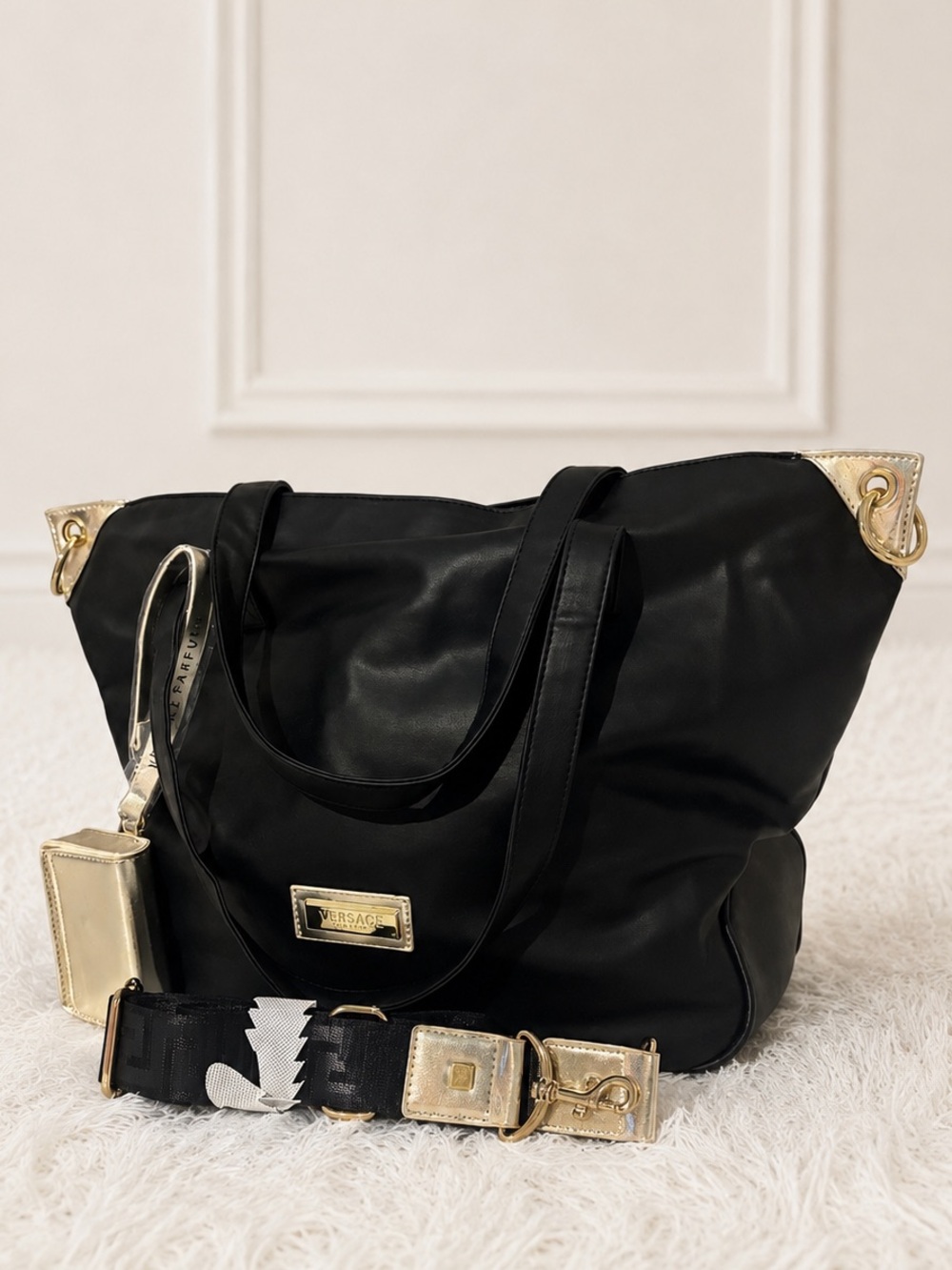 Versace Parfums Black and Gold Weekender Duffel/Tote Bag NEW